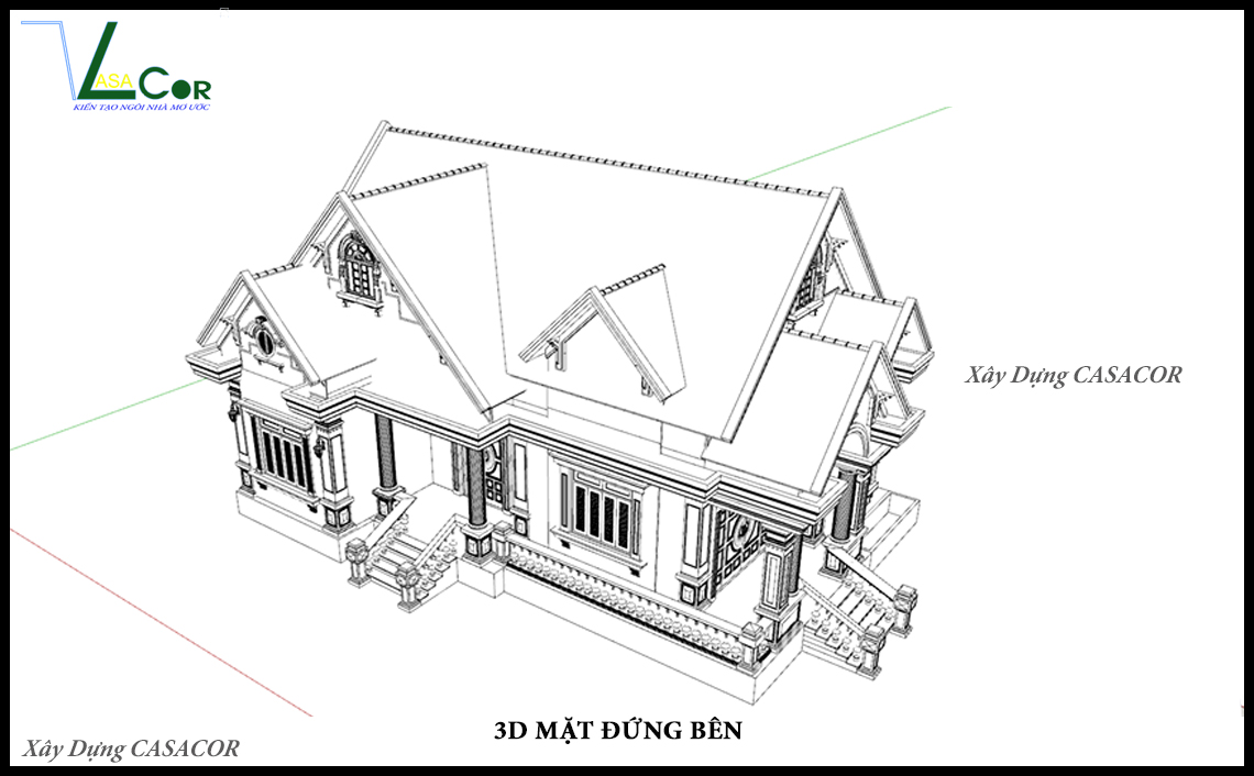 3D mặt đứng bên nhà cấp 4 sân vườn mái thái tại Đồng Tháp