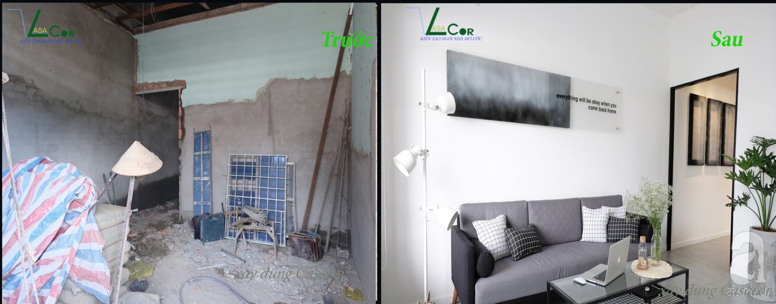Phòng khách trước và sau khi sửa chữa nhà
