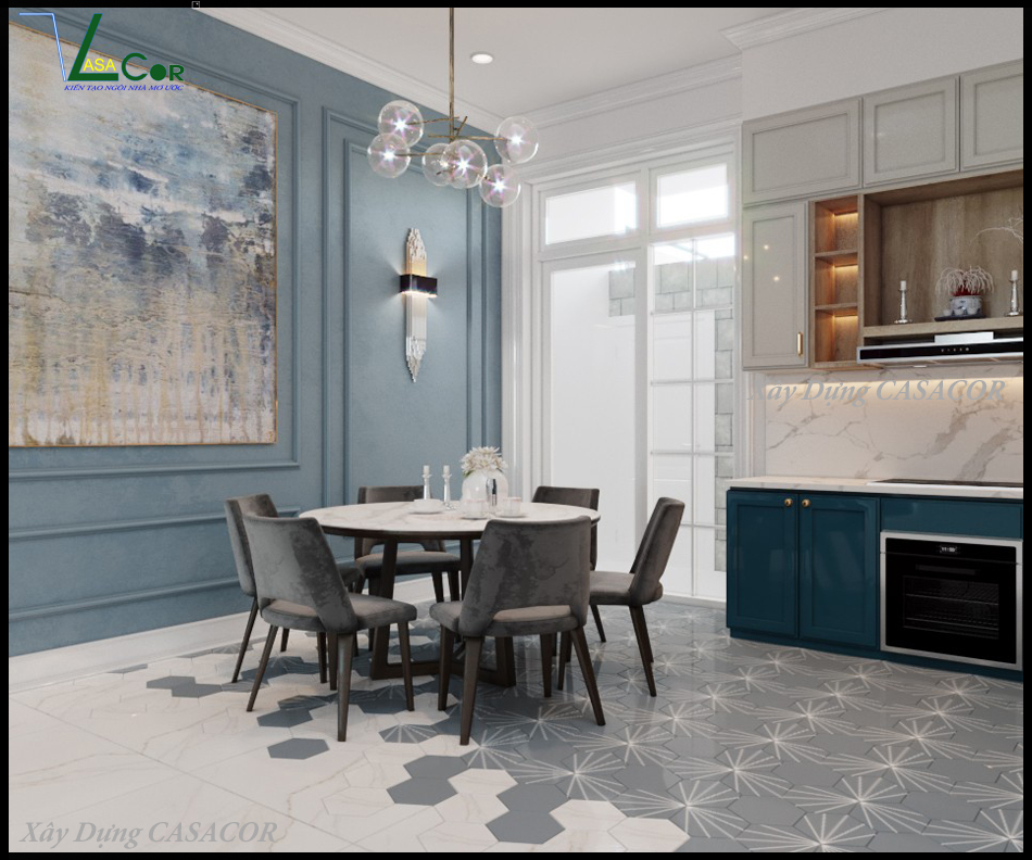 View 1 phòng ăn và bếp nhà phố tân cổ điển chữ L