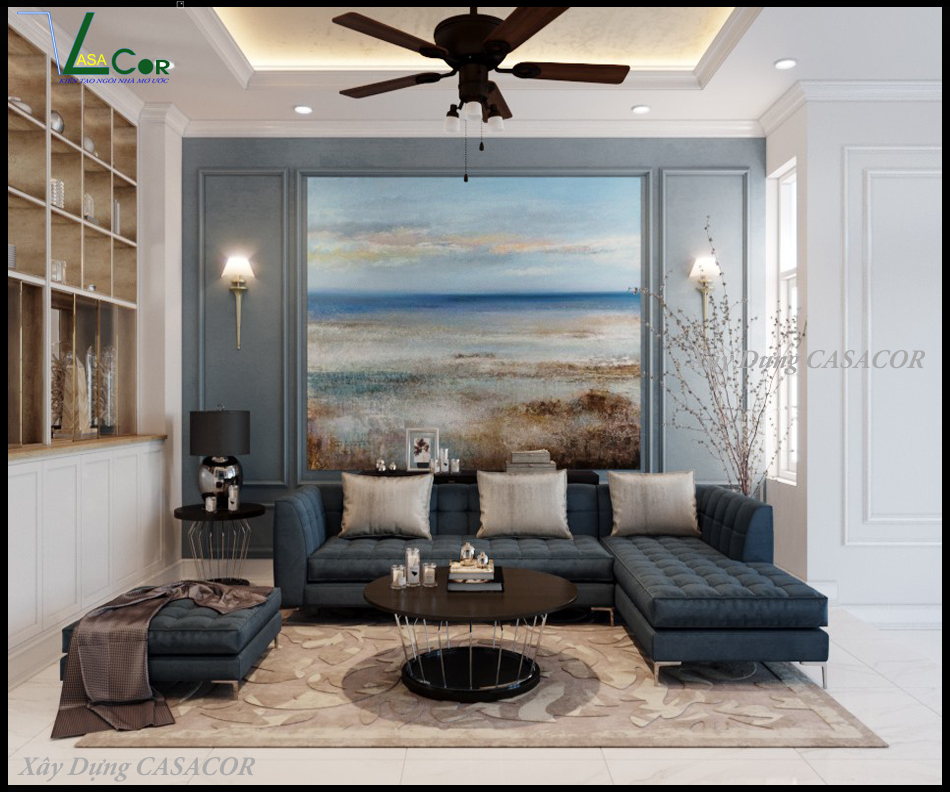 View 1 phòng khách nhà phố tân cổ điển chữ L