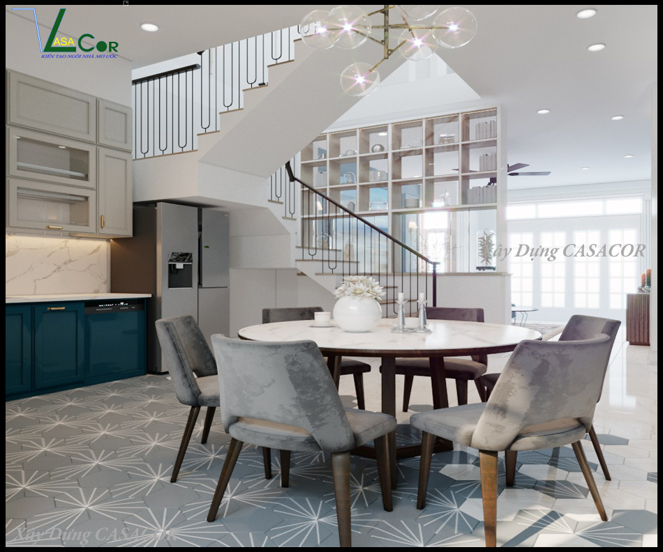View 2 phòng ăn và bếp nhà phố tân cổ điển chữ L