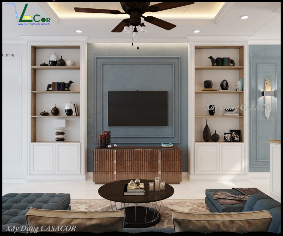 View 2 phòng khách nhà phố tân cổ điển chữ L