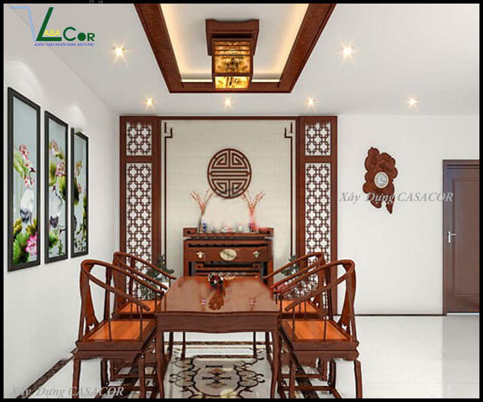 phòng thờ nhà phố tân cổ điển chữ L