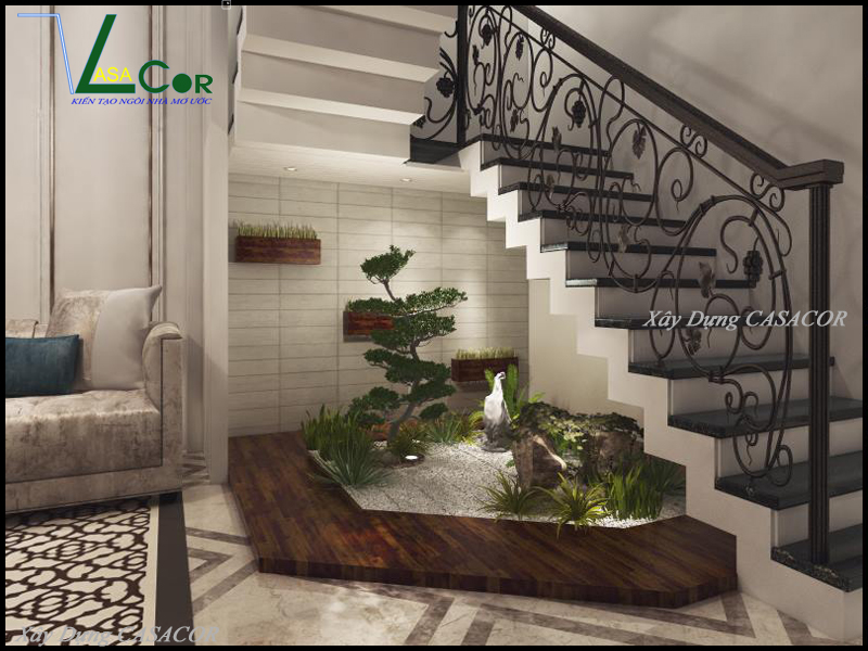 Tiểu cảnh dưới cầu thang nhà phố tân cổ điển tại thủ đức